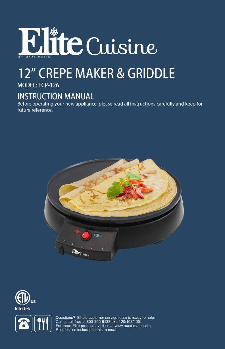 Elite Cuisine 12 Crepe Maker & Griddle [ECP-126] – Shop Elite Gourmet -  Small Kitchen Appliances